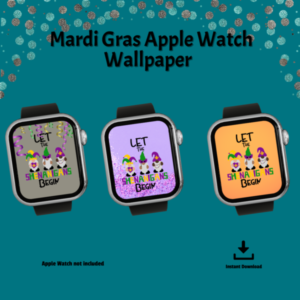 teal background with 3 Apple Watches showing Mardi Gras Apple Watch wallpaper, instant download, Apple Watch not included.