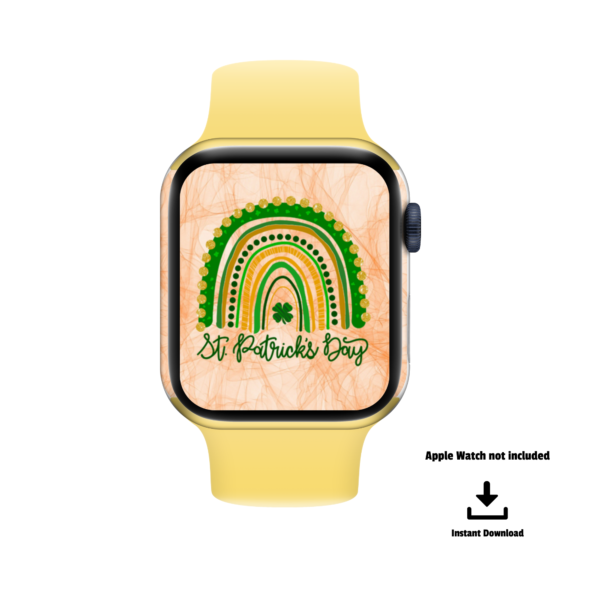 white background, yellow watch band, orange watercolor watch face with green and gold rainbow on St. Patrick's Day, Apple Watch Not Included. Instant Download