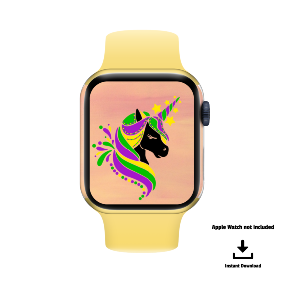 white background with yellow watch band with Apple Watch not included and instant download. orange peach background with unicorn