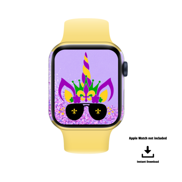 white background, Apple Watch not included, instant download, yellow watch with purple glitter and unicorn ready for Mardi Gras on background wallpaper