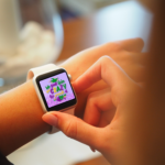 wrist with pink smartwatch with purple background and glitter with mask and hat with dont hide the crazy.