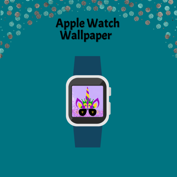 teal background, Apple Watch Wallpaper shows blue smartwatch with purple background with glitter with unicorn watch face
