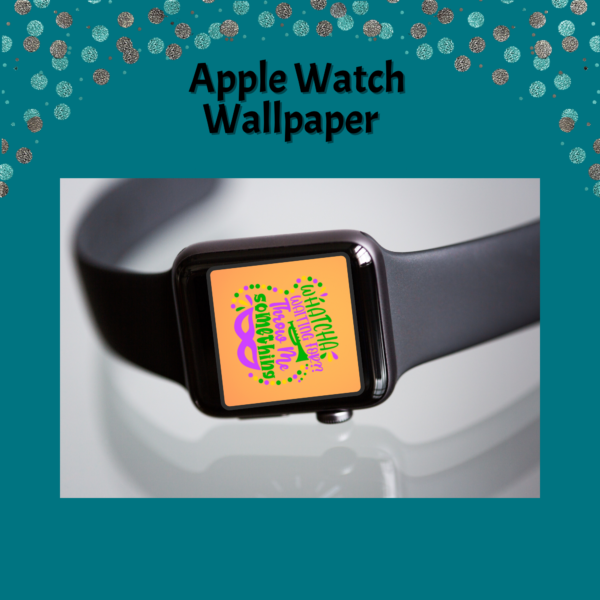 teal background, watch on side with orange watch face for Mardi Gras