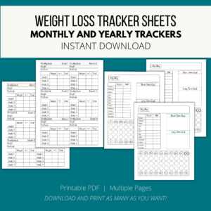 teal background, cream bar with Weight Loss Tracker Sheets, Monthly and Yearly Trackers, Instant Download, bottom Printable PDF, Multiple Pages, Download and print as many as you want! shows 5 pages with monthly pages and a yearly page