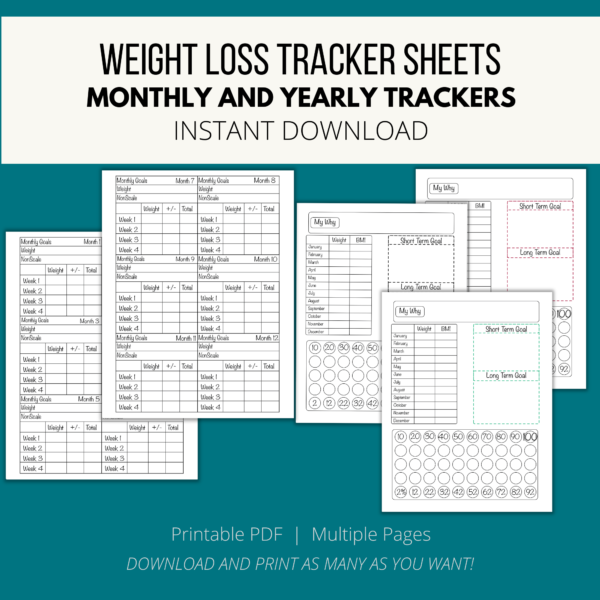 teal background, cream bar with Weight Loss Tracker Sheets, Monthly and Yearly Trackers, Instant Download, bottom Printable PDF, Multiple Pages, Download and print as many as you want! shows 5 pages with monthly pages and a yearly page