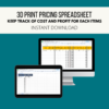 teal background, cream stripe with 3D Print Pricing Spreadsheet, Keep track of cost and profit for each items, instant download. Then shows iPad with google sheets with blue on top showing products, then computer with yellow spreadsheet with details