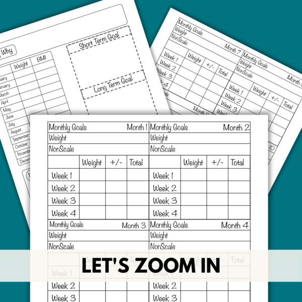 teal background, white stripe with Lets zoom in, shows monthly page with labels Month 1, 2, 3, etc each with monthly goal Weight, NonScale, Each week with Weight,+/- total for all 12 months on two pages, then a yearly with why short long term goals