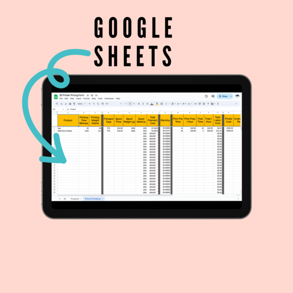 peachy background with blue arrow pointing to the iPad tablet that says google sheets.shows columns with product, pricing, filament, price of tag, electricity.