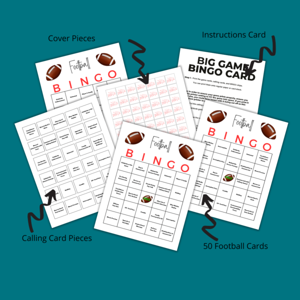 teal background, cover pieces with arrow to image of scrimmage, Instruction card with arrow to image, 50 football cards arrow to a few samples of boards, calling card pieces arrow to calling cards.