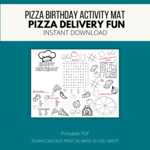 teal background, white stripe Pizza Birthday Activity Mat, Pizza Delivery Fun, Instant Download, bottom Printable PDF, Download and print as many as you want. Shows happy birthday pizza coloring activity placemat for kids