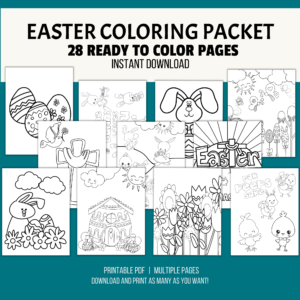 teal background, white stripe - Easter Coloring Packet 28 Ready to Color Pages, Instant Download, bottom of page Printable PDF, Multiple Pages, Download and Print as many as you want. Easter Eggs, Bunny, Chicken, Flowers, Cross, Religious