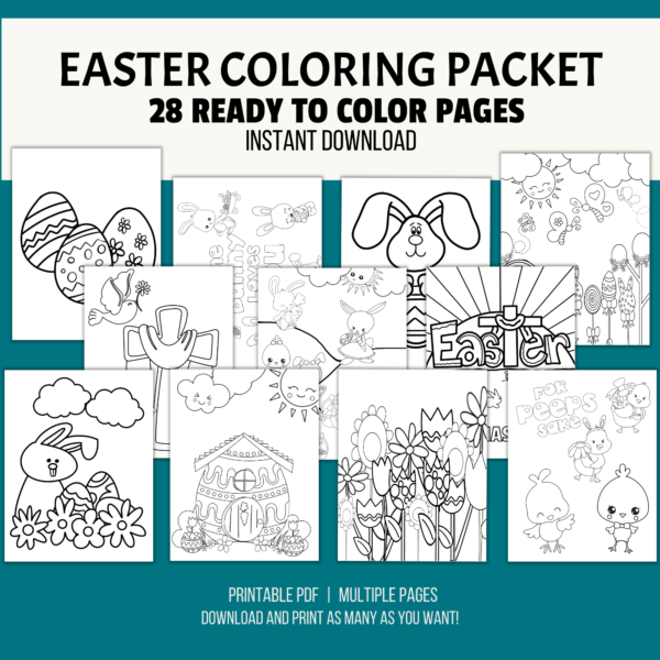 teal background, white stripe - Easter Coloring Packet 28 Ready to Color Pages, Instant Download, bottom of page Printable PDF, Multiple Pages, Download and Print as many as you want. Easter Eggs, Bunny, Chicken, Flowers, Cross, Religious