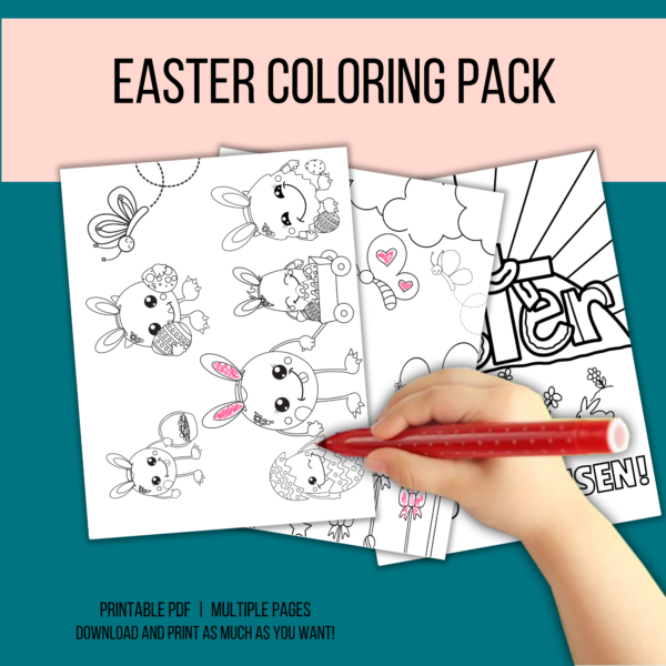 teal background, peach stripe, Easter Coloring Pack, bottom Printable PDF, MultiplePages, Download and Print as Much as you want! Hand with red marker coloring pieces of the scene of monsters with easter eggs, flowers and clouds