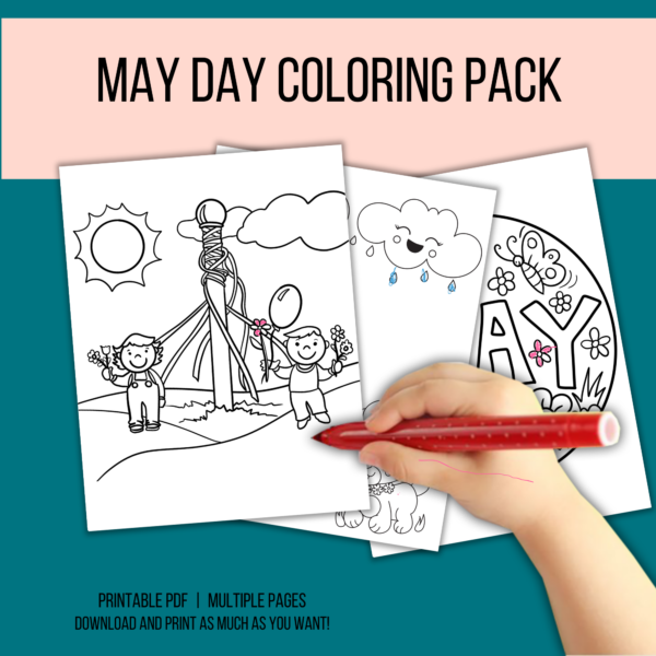 teal background, peach stripe May Day Coloring Pack, bottom Printable PDF, Multiple Pages, Download and Print as Many as you Want, shows kids hand with red marker coloring in flowers and raindrops, boy and girl with ribbons going around may pole
