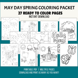 teal background, white stripe May Day Spring Coloring Packet, 27 Ready to Color Pages, Instant Download, bottom Printable PDF, Multiple Pages, Download and Print as many as you want. Shows pages like May Pole, Butterfly, April Shower May Flowers,