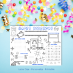 birthday streamers background, Letter Size, Personalize, Printable. Train Birthday Party with Design Train Station Sign, Word Search, Maze, Word Scramble, and How Many Signs, and tic-tac-toe. Coloring trains, tickets, train signs and symbols.