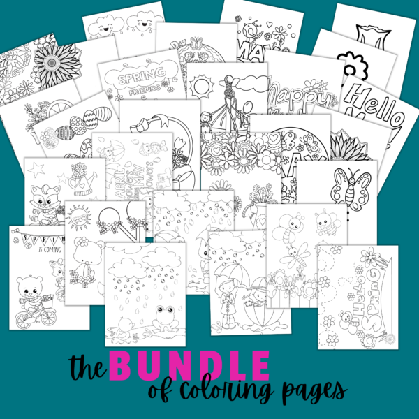 teal background, the bundle of coloring pages, shows many of the pages in the packet, hello spring, may day, shows flowers, butterflies, May Day pole, may basket, rain, ducks, animals, flowers, spring rain, umbrellas, and more on all the pages