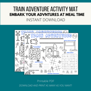 teal background, white stripe, Train Adventure activity Mat, embark your adventures at meal time, instant download, bottom printable pdf, download and print as many as you want. Train placemat in the center with train track, coloring train