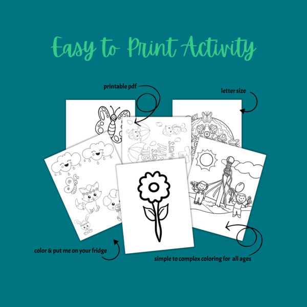 teal background, Easy to Print Activity Printable PDF with arrow pointing to butterflies, letter size arrow pointing to more complex design of butterfly, simple to complex coloring for all ages with arrow to May Day pole, color point to animals