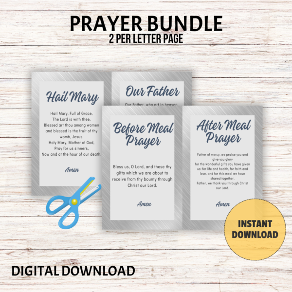 white table background, Prayer Bundle 2 per letter Page, bottom digital download, yellow circle instant download, Shows Hail Mary & Our Father on one page with Before & After Meal Prayer on one page with blue scissors to cut them apart