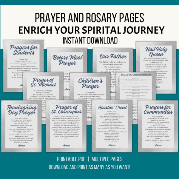 teal background, white stripe Prayer and Rosary Pages, Enrich your spiritual journey, instant download, bottom Printable PDF, Multiple Pages, Download and Print as Many as You Want, Shows a silver metal border with prayers for students, meals, etc.