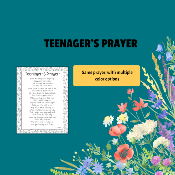 teal background, teenager's prayer, shows the black and white version of the poem, with yellow box same prayer with multiple color options. shows pictures of wildflower.