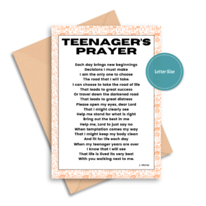 white background, brown envelope with orange teen prayer, teal circle letter size.