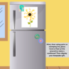 yellow wall and window background, Sunflower Handprint picture hanging on the fridge, grey square Print, then using paint or stamping ink, place hand or foot prints around to make a sunflower. Then display your keepsake gift.
