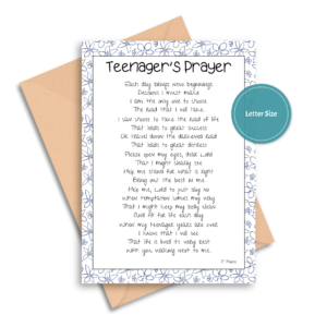 white background, brown envelope with teen prayer with flowers, teal circle dots and says letter size.