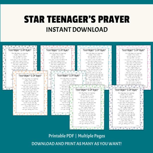 teal background, white stripe, star teenagers prayer, instant download, bottom printable PDF, multiple pages, download and print as many as you want. Shows images of teenagers prayer with stars images border. red, orange, pink, teal, green, navy,