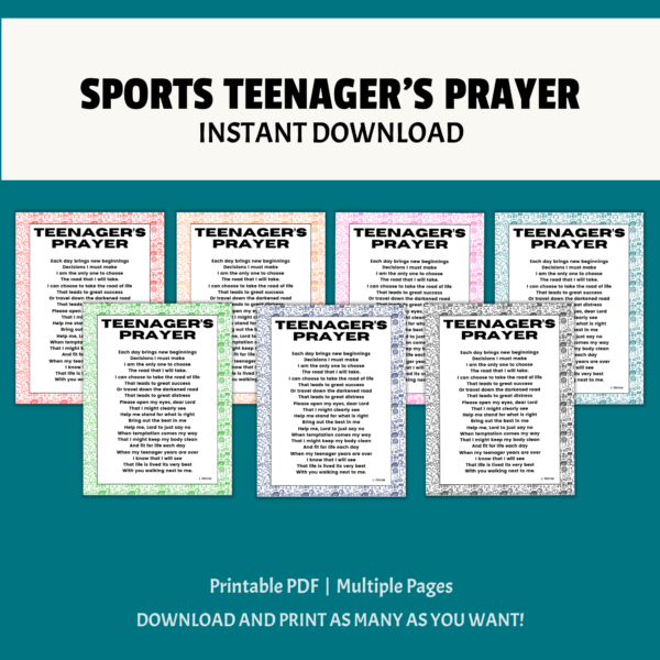 teal background, white stripe, SPORTS teenagers prayer, instant download, bottom printable PDF, multiple pages, download and print as many as you want. Shows images of teenagers prayer with sport images border. red, orange, pink, teal, green, navy