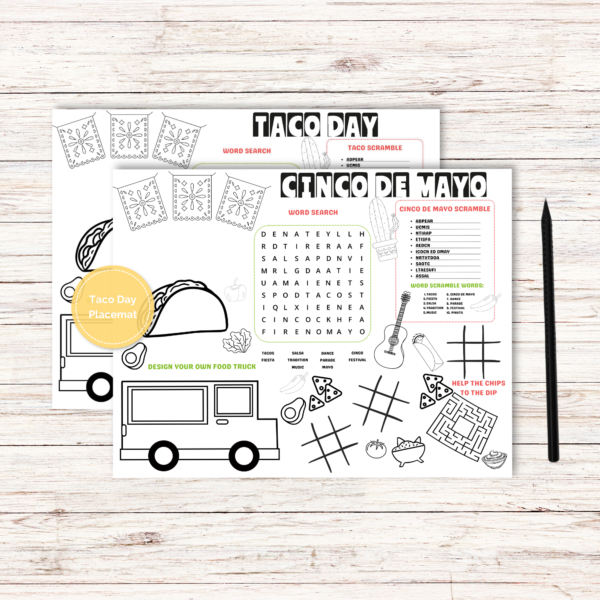 white table with pencil laying next to the Taco Day Activity Mat, Cinco de Mayo Table Placemat for kids, with games like scramble, tic-tac-toe, and word search, coloring like chips, gauc, guitar, and avocado yellow bubble shows taco day placemat