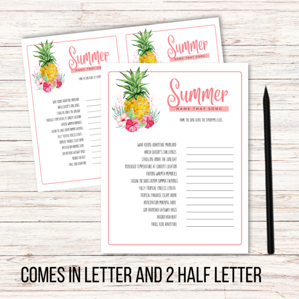 wood desk background with pencil, says comes in letter and 2 half letter and shows picture of the summer name the song game with lines on one side and the other where you decode the sentences. Has picture of pineapple with pink Hawaiian flowers.