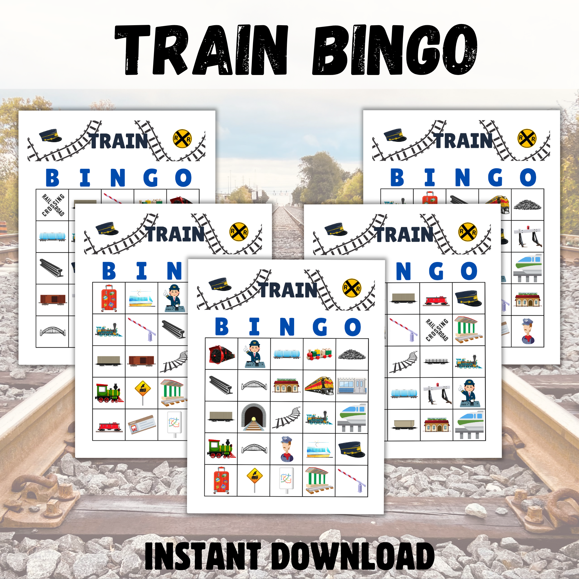 train bingo instant download with train track background shows 5 of the cards. letter size.
