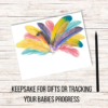 wood background, shows pencil next to to write name, has Keepsake for Gifts or Tracking Your Babies Progress, shows images of turkeys yellow, teal, red, spread out ready for a footprint of kid