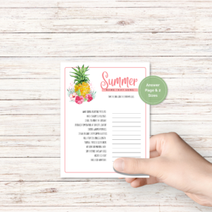 wood background, with a hand holding the summer party game with pineapple and pink Hawaiian flower with light coral border, has a green dot that says answer page and 2 sizes.
