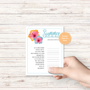 wood background, with a hand holding the summer party game with pink orange blue Hawaiian flowers with light teal border, has a yellow dot that says answer page and 2 sizes.