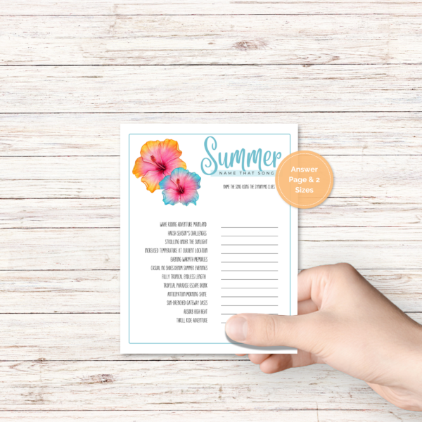 wood background, with a hand holding the summer party game with pink orange blue Hawaiian flowers with light teal border, has a yellow dot that says answer page and 2 sizes.