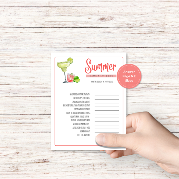 wood background, with a hand holding the summer party game with drinks of pink and green and lime with coral border, has a pink dot that says answer page and 2 sizes.