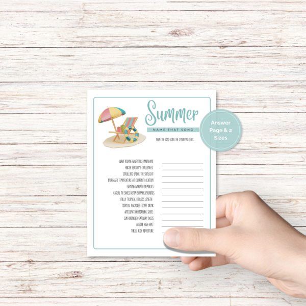wood background, with a hand holding the summer party game with umbrella and beach chair with light teal border, has a teal dot that says answer page and 2 sizes.