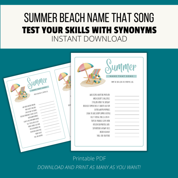 Teal background, white stripe Summer Beach Name That Song, Test Your Skills with Synonyms, Instant Download. btm Printable PDF, download and print. shows picture of printable game for summer name that song with light teal colors and picture of beach