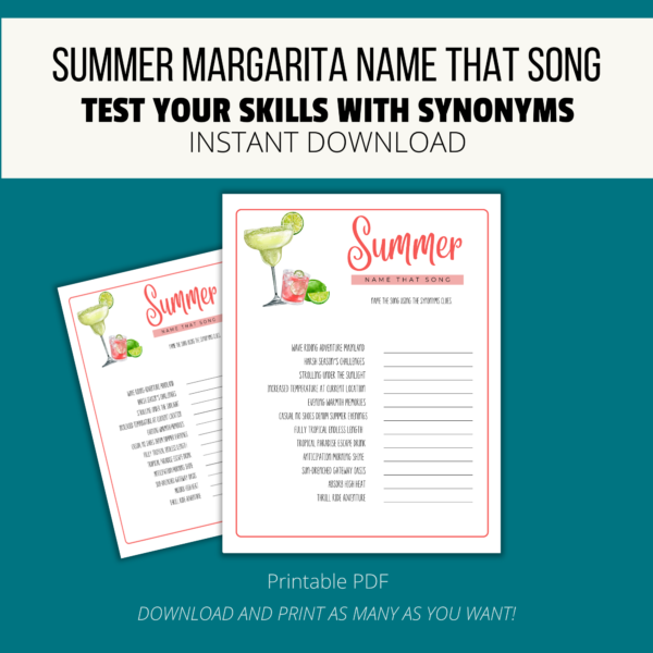 Teal background, white stripe Summer Margarita Name That Song, Test Your Skills with Synonyms, Instant Download. btm Printable PDF, download & print. shows picture printable game for summer name that song with coral colors, drinks