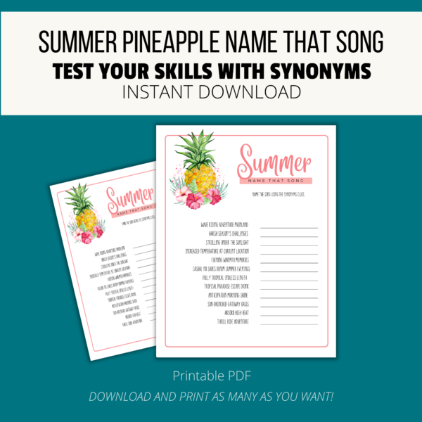 Teal background, white stripe Summer Pineapple Name That Song, Test Your Skills with Synonyms, Instant Download. btm Printable PDF, download & print. shows picture printable game for summer name that song with light coral colors