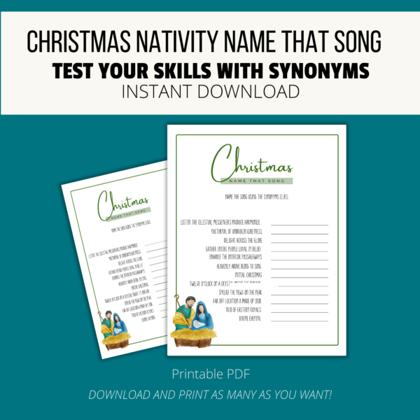 Teal background, white stripe Christmas Holy Family Name That Song, Test Your Skills with Synonyms, Instant Download. btm Printable PDF, download & print. shows picture printable game for christmas name that song with green and Jesus Mary Joseph