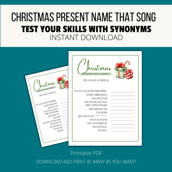 Teal background, white stripe Christmas Presents Name That Song, Test Your Skills with Synonyms, Instant Download. btm Printable PDF, download & print. shows picture printable game for christmas name that song with green and presents