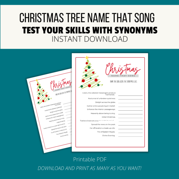Teal background, white stripe Christmas evergreen Name That Song, Test Your Skills with Synonyms, Instant Download. btm Printable PDF, download & print. shows picture printable game for christmas tree name that song with red