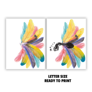 white background, shows finished and unfinished craft project. Says Letter Size Ready to Print. Shows teal, yellow, red, purple feathers that spread out to create a turkey and shows one with a footprint to show a turkey art