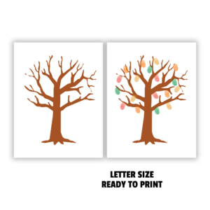 Shows to images on white background, brown stick tree, then one finished with fingerprints of red, yellow, orange, and green all over. Says Letter Size Ready to Print