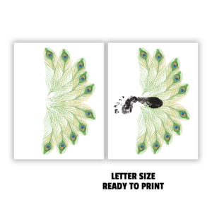 white background, says letter size, Ready to Print, shows peacock feathers spread out with green, yellow, and blue eyes. shows printable unfinished and finished with footprint