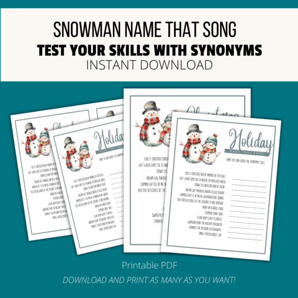 Teal background, white stripe Snowman Name That Song, Test Your Skills with Synonyms, Instant Download. btm Printable PDF, download & print. shows picture printable game for holiday name that song with teal boarder and snowman